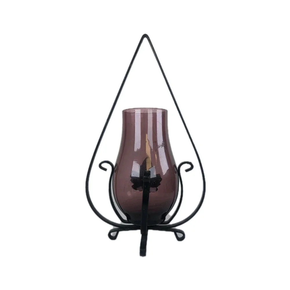 Black Metal Hanging Candle Holder W/Purple Glass Hurricane Footed Vintage Boho